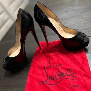 Christian Louboutin black patent leather lady peep platform heel